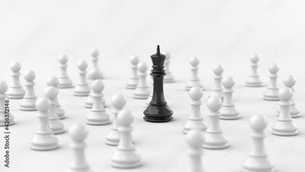 Leadership concept, black king of chess, standing out from the crowd of white pawns, on white background. 3D Rendering