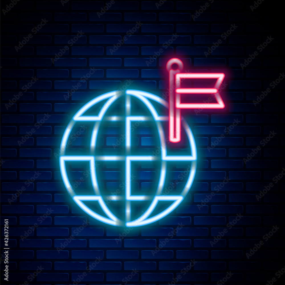 Glowing neon line Planet with flag icon isolated on brick wall background. Victory, winning and conquer adversity concept. Colorful outline concept. Vector Glowing neon line Planet with flag icon isolated on brick wall background. Victory, winning and conquer adversity concept. Colorful outline concept. Vector