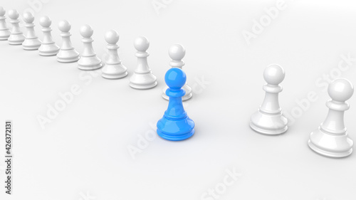Leadership concept  blue pawn of chess  standing out from the crowd of white pawns  on white background. 3D Rendering