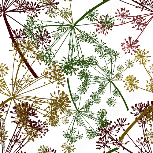 Brown and green vector seamless pattern of dill seeds is on a white background