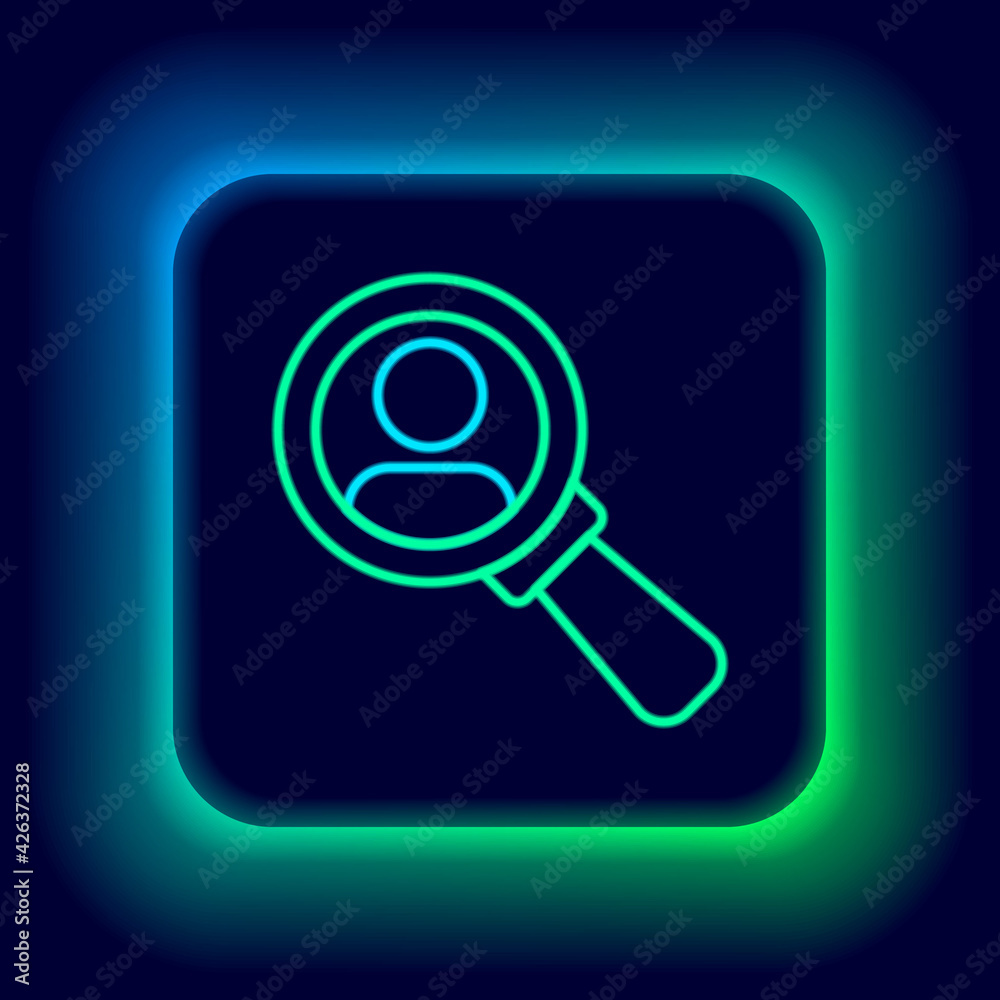 Glowing neon line Magnifying glass for search a people icon isolated on black background. Recruitment or selection concept. Search for employees and job. Colorful outline concept. Vector Glowing neon line Magnifying glass for search a people icon isolated on black background. Recruitment or selection concept. Search for employees and job. Colorful outline concept. Vector