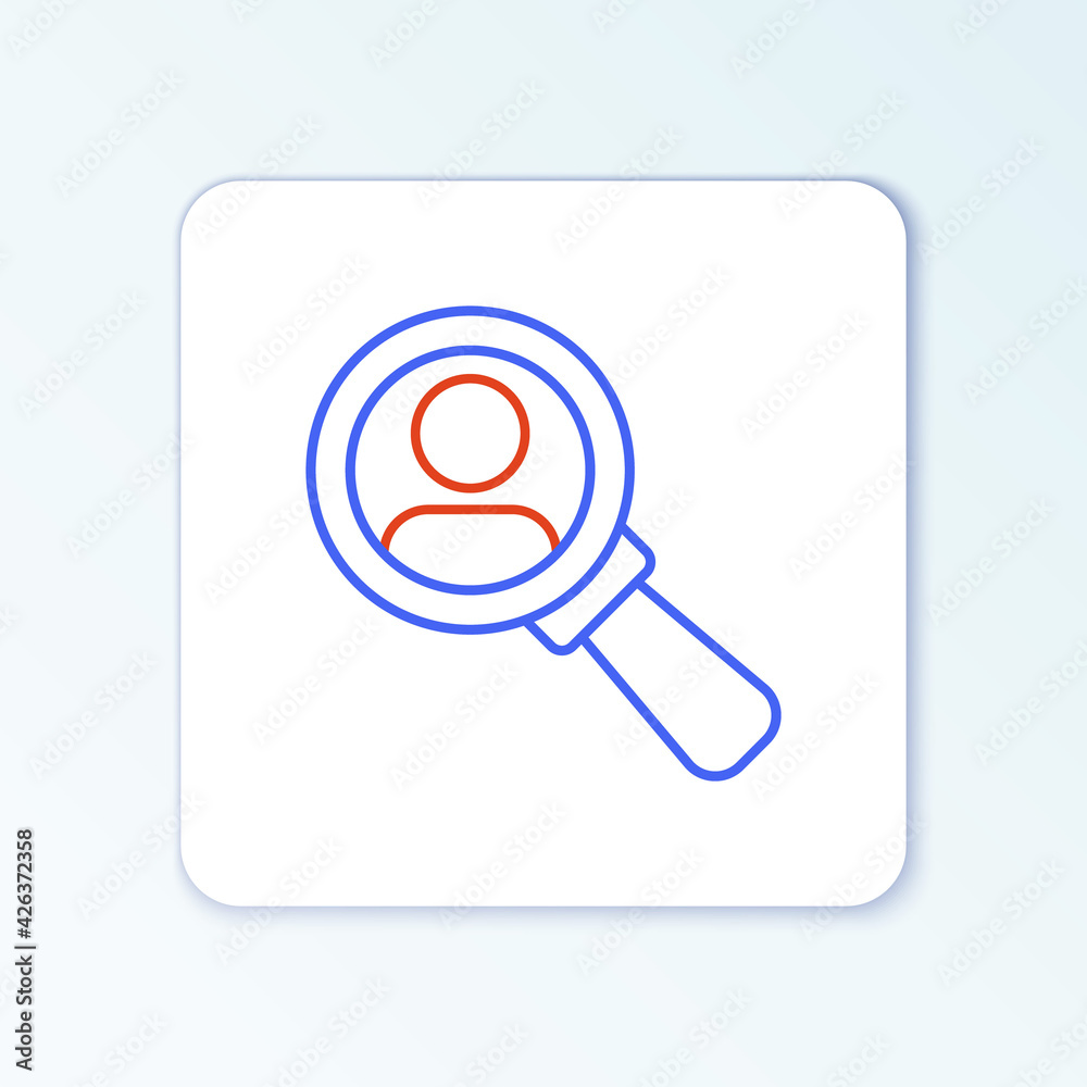 Line Magnifying glass for search a people icon isolated on white background. Recruitment or selection concept. Search for employees and job. Colorful outline concept. Vector Line Magnifying glass for search a people icon isolated on white background. Recruitment or selection concept. Search for employees and job. Colorful outline concept. Vector
