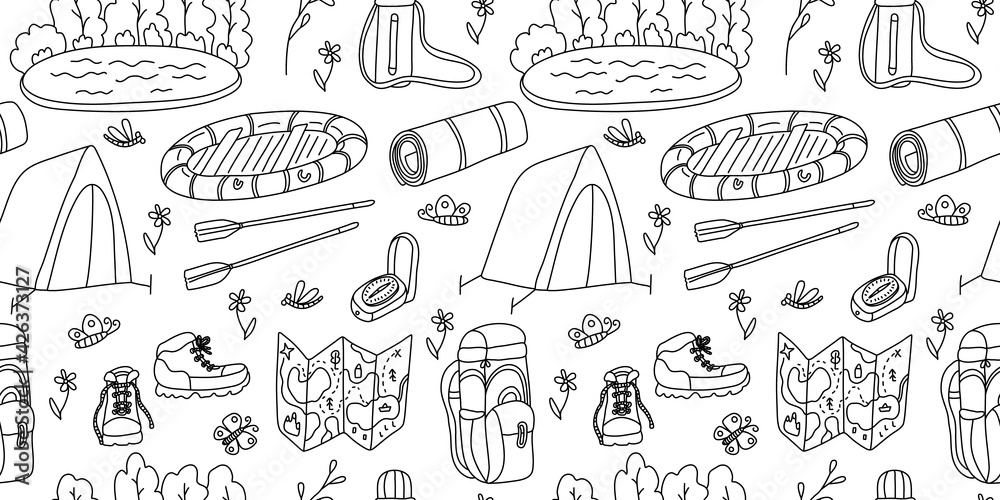 Vector seamless pattern. Lake, boat, tourism and camping equipment on white background. Great for fabrics, wrapping papers, wallpapers, covers. Doodle hand drawn sketch illustration black outlines.