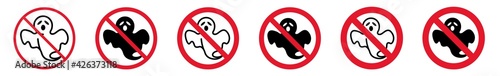 Prohibition Sign Scary Ghosts Forbidden Icon Set | Spooky Halloween Ghosts Prohibition Signs Prohibited Vector Illustration Logo | Haunting Ghost Prohibition Sign Isolated Collection
