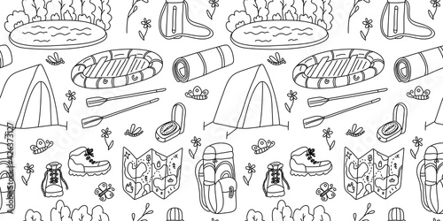 Vector seamless pattern. Lake, boat, tourism and camping equipment on white background. Great for fabrics, wrapping papers, wallpapers, covers. Doodle hand drawn sketch illustration black outlines.