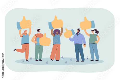 Cartoon metaphor of customer review, quality feedback. Flat vector illustration. Tiny clients with giant thumb rating service work as top notch. Business, customer positive feedback concept