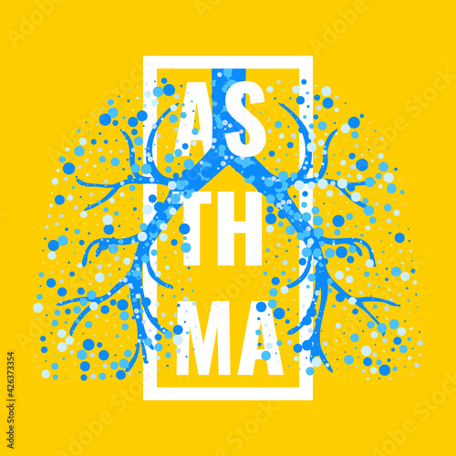 Asthma awareness frame poster with lungs filled with air bubbles on yellow background. Bronchial disease symbol. Medical template for pulmonary clinics and centers. Vector illustration.