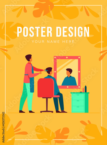 Men sitting in barbershop isolated flat vector illustration. Cartoon hairdressers doing haircut for male clients in chair. Hairdressing salon and beauty parlor concept