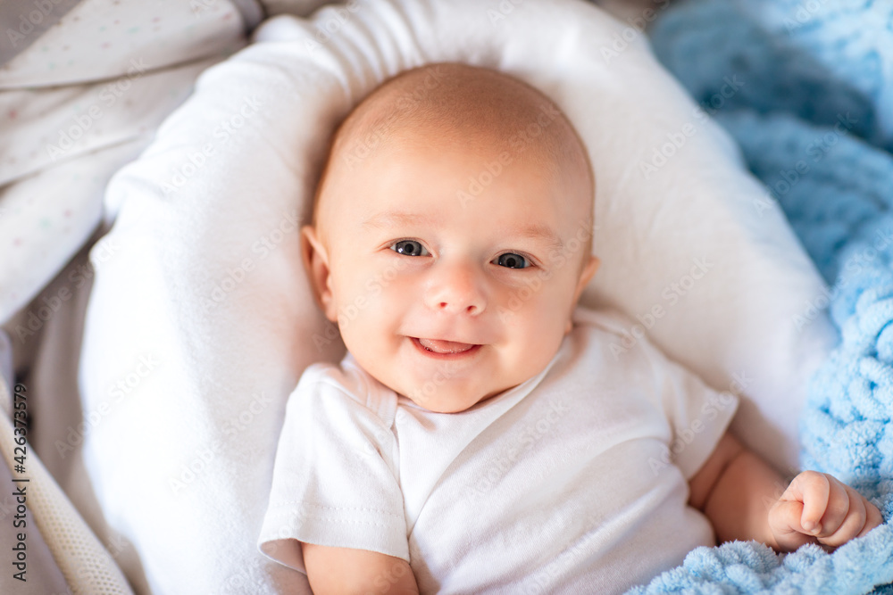 Cute newborn baby boy in white body laying in his cradle with soft blue blanket. Cute newborn baby boy in white body laying in his cradle with soft blue blanket.