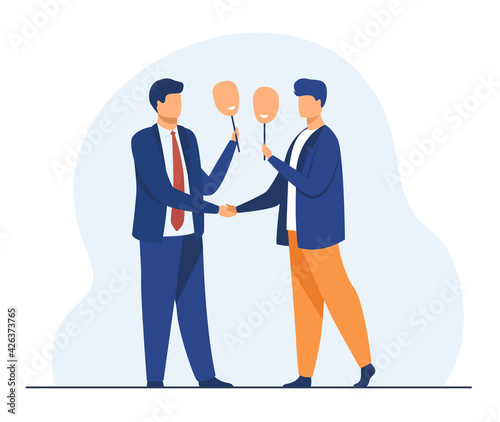 Two men handshaking and hiding faces under masks. Happiness, businessman, deal flat vector illustration. Agreement and business concept for banner, website design or landing web page