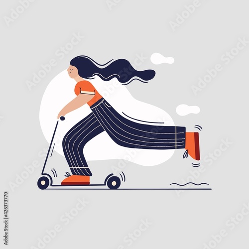 Young happy woman with long hair riding scooter. City sports outdoor activity. Flat colourful vector illustration in hand drawn style.