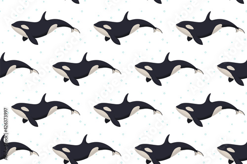 Seamless vector pattern with cute killer whales for wallpaper, web page background, surface textures.