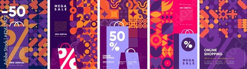 Online shopping and sale. Set of flat vector illustrations. Minimalistic background illustrations for sales, advertisements, coupons. Geometric pattern of store symbols and icons. Banner, poster.