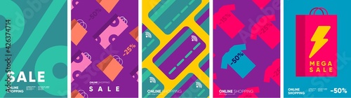Online shopping and sale. Set of flat vector illustrations. Minimalistic background illustrations for sales, advertisements, coupons. Banner, poster, flyer.