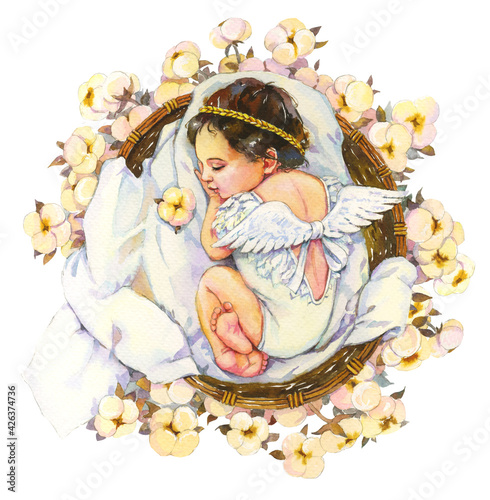 Watercolor baby angel. A newborn baby in white clothes sleeps among cotton flowers. Watercolor illustration isolated on white background. Baby shower card.