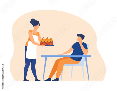 Cheerful wife baking cake for her husband. Apron, table, cook flat vector illustration. Bakery and family concept for banner, website design or landing web page