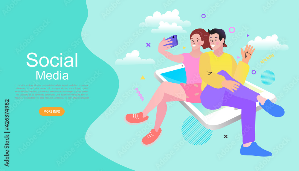 Influencer marketing, social media or network promotion. Blogger man Character with Megaphone at Huge Smartphone Screen, People Watch Broadcasting, Streaming Video Post.
