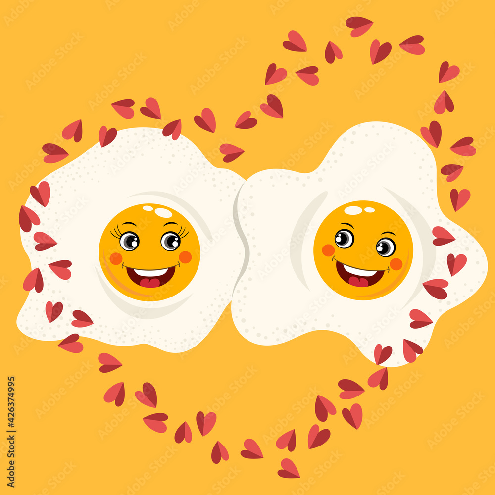 Obraz premium Valentine flat cartoon with two funny eggs 