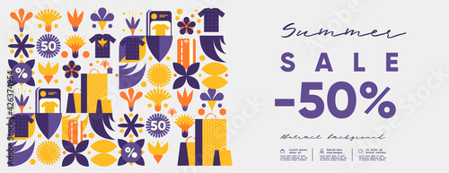 Online shopping and sale. Flat vector illustration. Minimalistic background illustrations for sales, advertisements, coupons. Geometric pattern of store symbols and icons. Banner, poster, flyer.