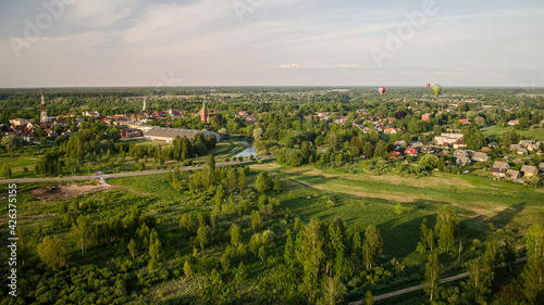 Hot air balloon flight over the city of Kuldiga, Latvia.