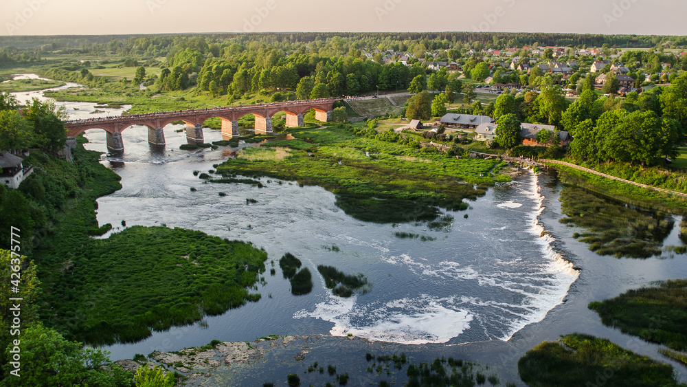 Obraz premium Hot air balloon flight over the city of Kuldiga, Latvia.