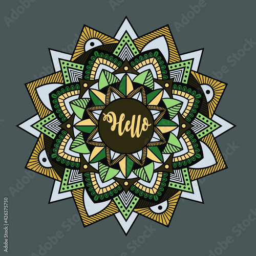 colorful mandala on grey background with text