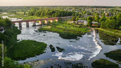 Hot air balloon flight over the city of Kuldiga, Latvia.