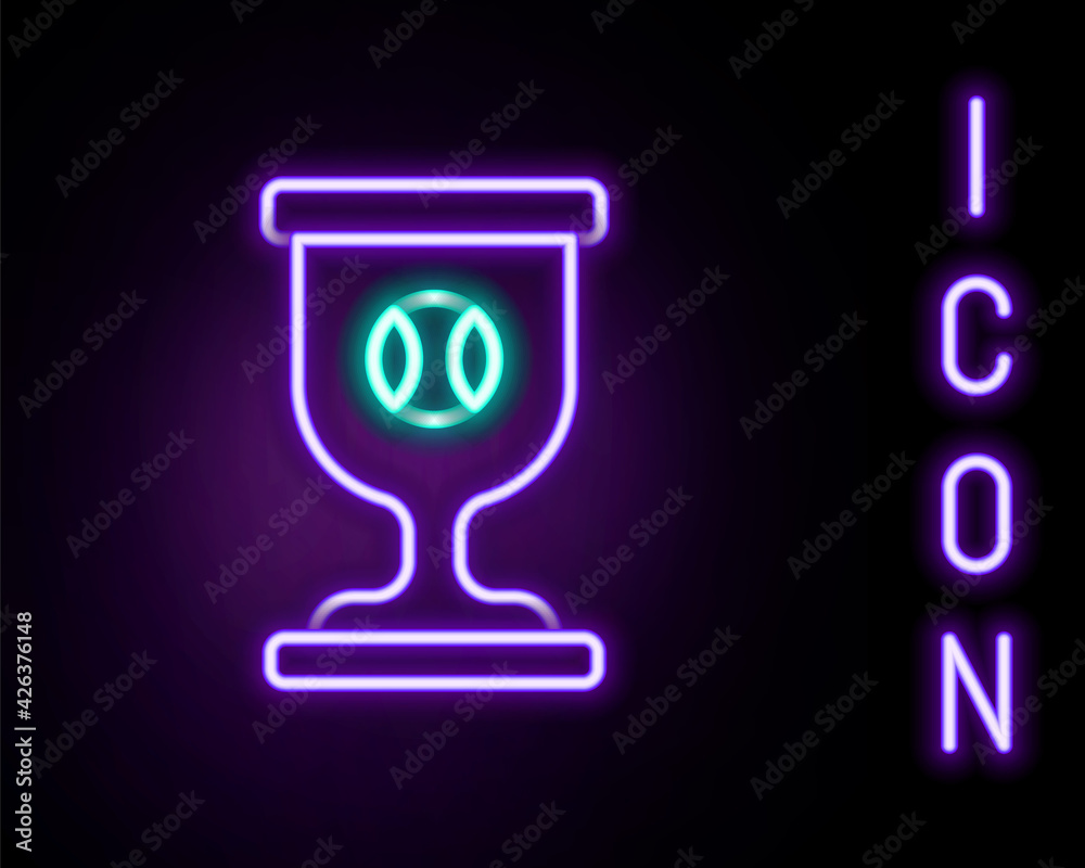 Glowing neon line Award cup with baseball ball icon isolated on black background. Winner trophy symbol. Championship or competition trophy. Sports achievement. Colorful outline concept. Vector Glowing neon line Award cup with baseball ball icon isolated on black background. Winner trophy symbol. Championship or competition trophy. Sports achievement. Colorful outline concept. Vector