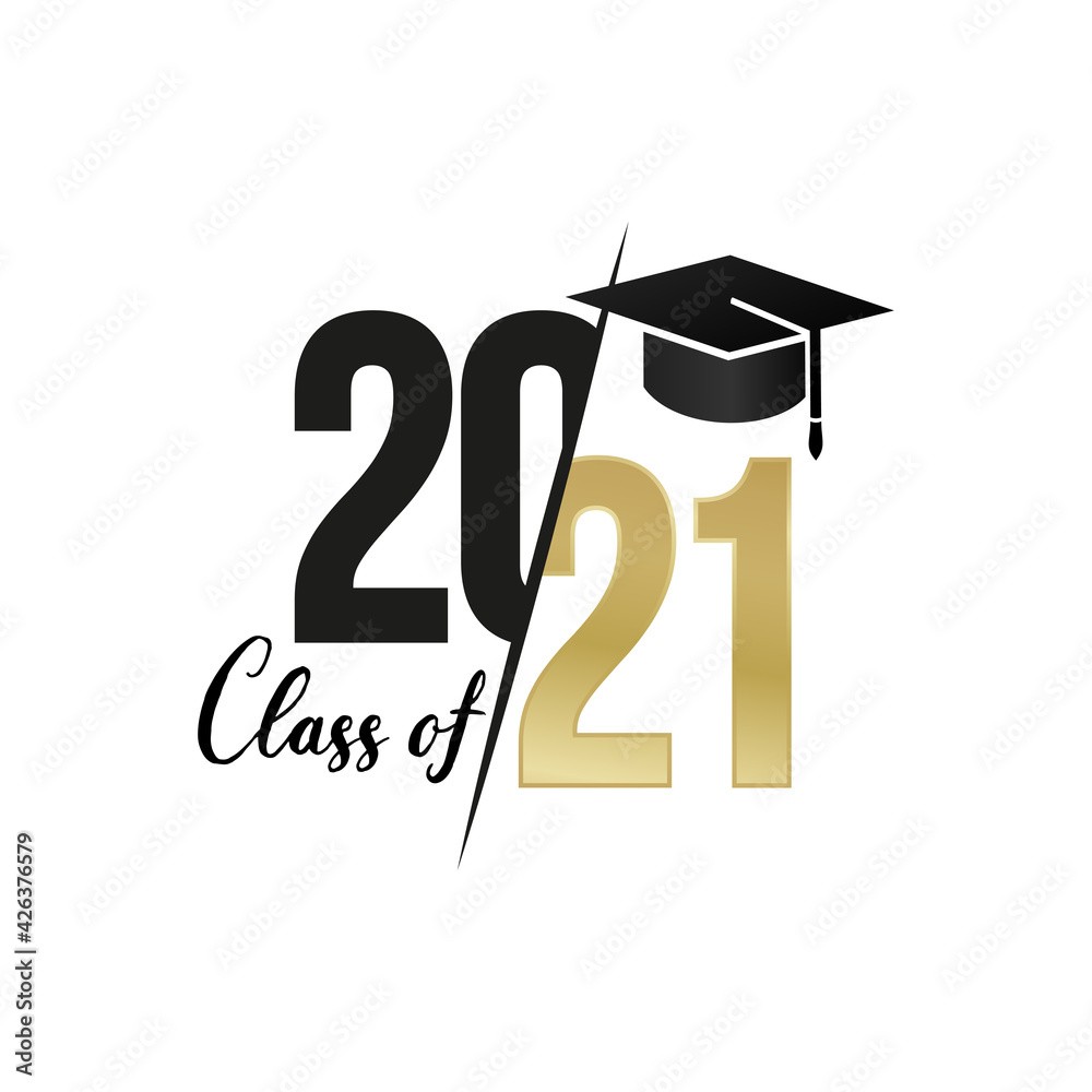 Class and gold graduates of 2021 with a graduation black cap. Vector for design and theme design. Isolated on white background. Class and gold graduates of 2021 with a graduation black cap. Vector for design and theme design. Isolated on white background.