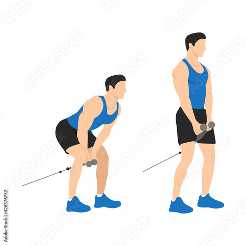 Man doing cable pull throughs exercise flat vector illustration isolated on white background