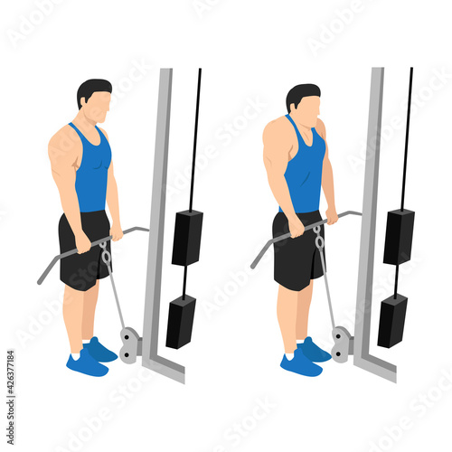 Man doing cable shrugs exercise flat vector illustration isolated on white background