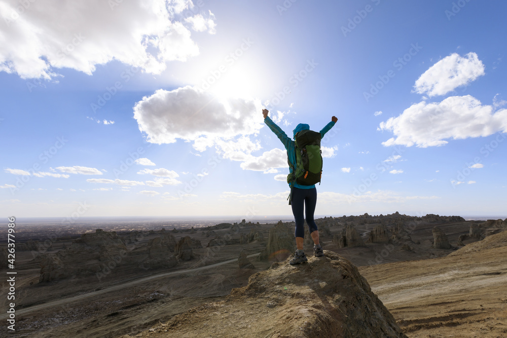 Successful female backpacker feel free on desert hill top