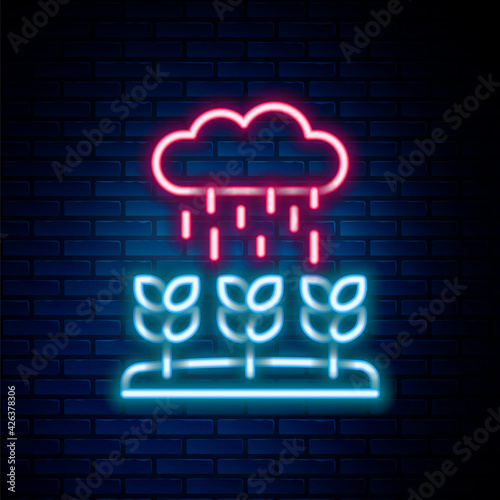 Glowing neon line Plant sprouts grow in the rain icon isolated on brick wall background. Seedling concept. Colorful outline concept. Vector