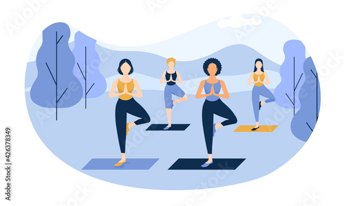 Three cartoons of women of various ethnicities doing yoga posture in a class outdoor park..