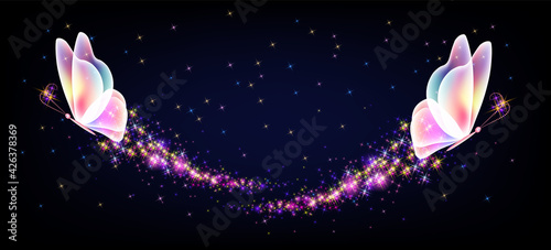 Flying delightful butterfly with sparkle and blazing trail flying in night sky among shiny glowing stars in cosmic space. Animal protection day concept.