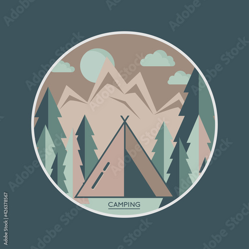 Summer camp badge with tent camping. Graphic scout logo emblem	
