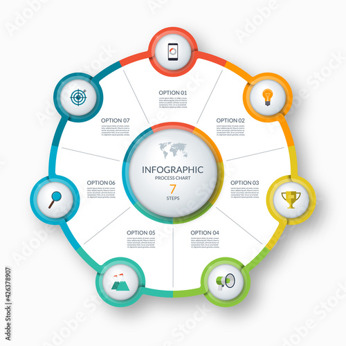 Infographic circle, process chart, cycle diagram. 7 steps. Vector template for business presentation, report, brochure