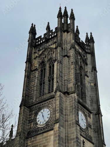 Manchester cathedral with a grey sky background. 