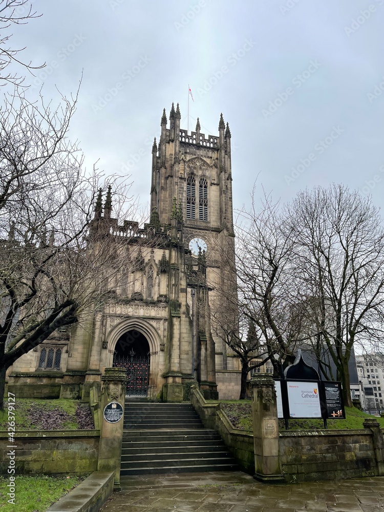 Manchester cathedral with a grey sky background. 