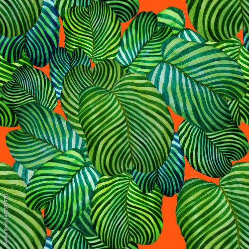 Modern abstract seamless pattern with watercolor tropical leaves for textile design. Retro bright summer background. Jungle foliage illustration. Swimwear botanical design. Vintage exotic print. 