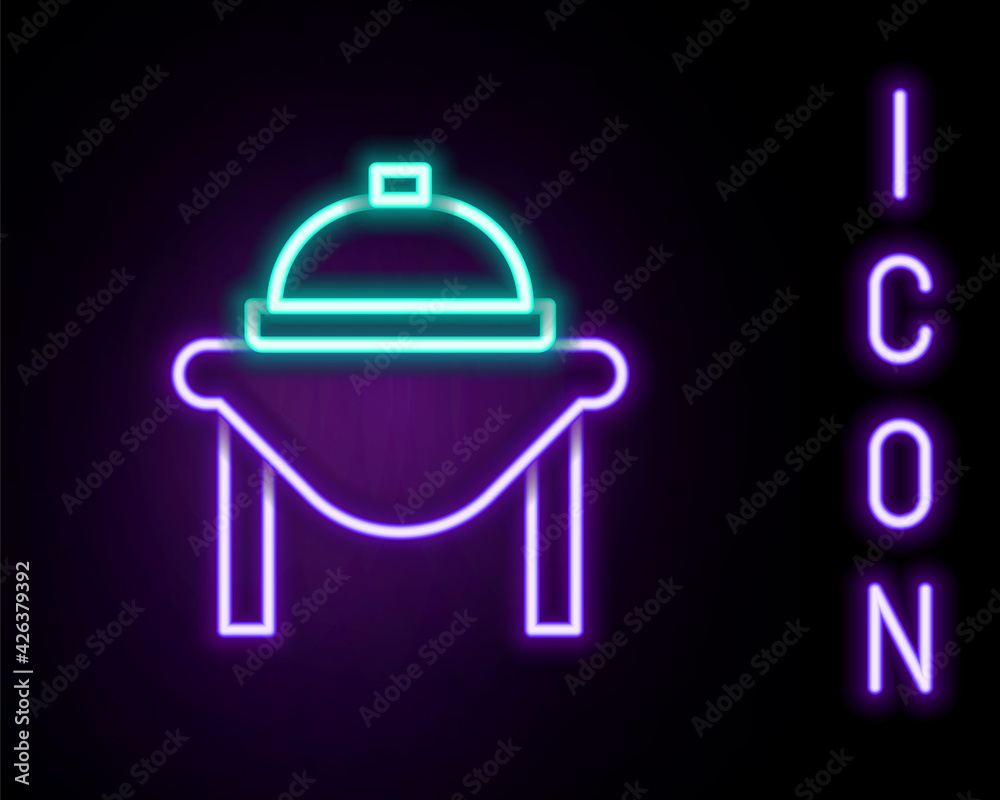 Obraz premium Glowing neon line Table food icon isolated on black background. Colorful outline concept. Vector