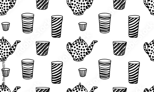 Seamless pattern with tableware or kitchenware. Vector teapot and cups