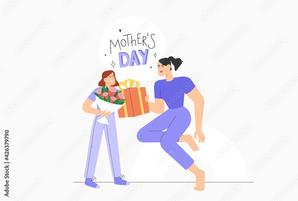 Fototapeta premium Happy mother's day. Daughter congratulates mom and gives her a bouquet of flowers and gift. Cute cartoon female characters. 