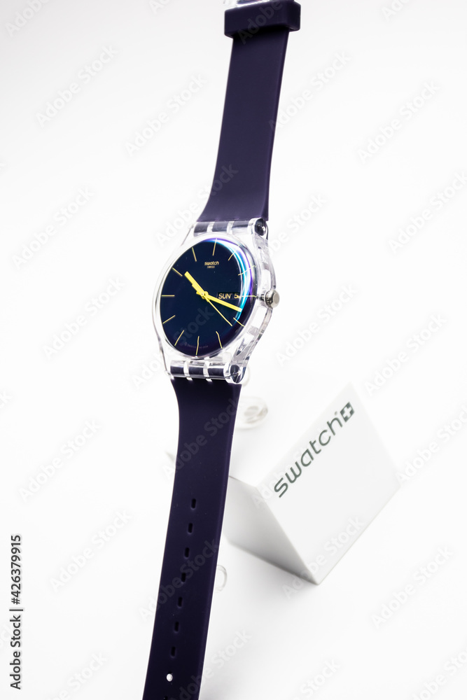 Paris, France 07.10.2020 - Swatch swiss made quartz watch isolated on white  background. transparent plastic case Fluorescent colors youth hipster style  watch for bright image. Swatch Group Stock Photo | Adobe Stock