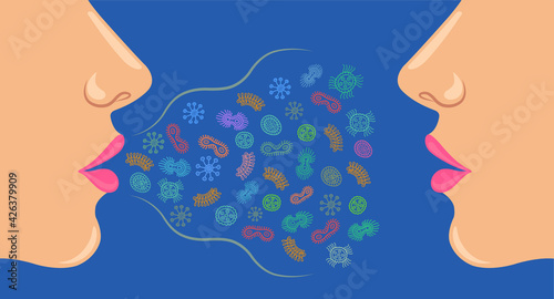 Human mouth bad breath and bacteria and germs when talking. Two women mouths talking with germs and bacteria in front of their mouths. Flat vector illustration.