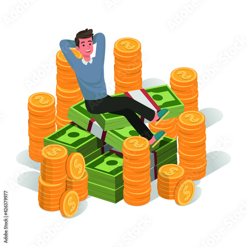 Rich man sitting and relax on pile of coins and money. Billionaire businessman young man leaning on huge cash pile. Flat vector illustration.