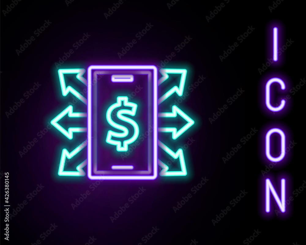 Glowing neon line Smartphone with dollar symbol icon isolated on black background. Online shopping concept. Financial mobile phone icon. Online payment. Colorful outline concept. Vector