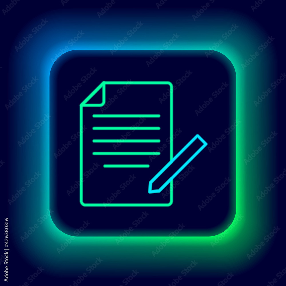 Glowing neon line Document and pen icon isolated on black background. File icon. Checklist icon. Business concept. Colorful outline concept. Vector Glowing neon line Document and pen icon isolated on black background. File icon. Checklist icon. Business concept. Colorful outline concept. Vector