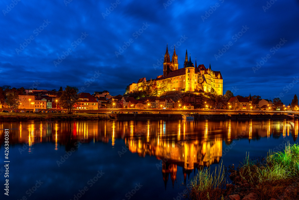 View at the blue hour on Meissen with Castle Hill, Cathedral and Albrechtsburg, Germany.