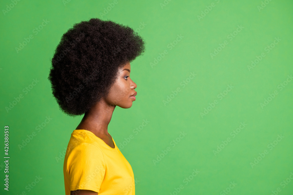 Side profile photo portrait of curly woman looking blank space calm serious isolated on vibrant green color background Side profile photo portrait of curly woman looking blank space calm serious isolated on vibrant green color background